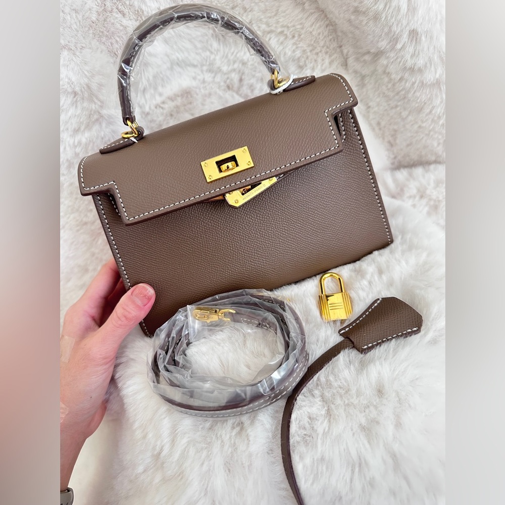 Top Handle, Crossbody Classic Mini Epsom Bag with Gold Hardware in Elephant Grey